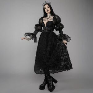 NWOT Gothic Lace Midi Dress with Puff Sleeves